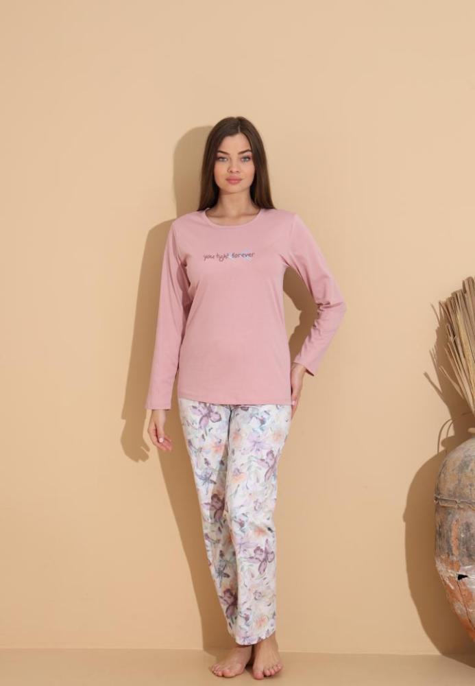 Pijama Dama „You Tight Forever'" ,Pantaloni si Maneca Lunga,Culoare Roz Pudra,Engros